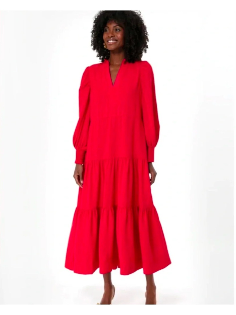 Tuckernuck “Pomander Place” Red Tiered V-Neck Long Sleeve Midi Dress